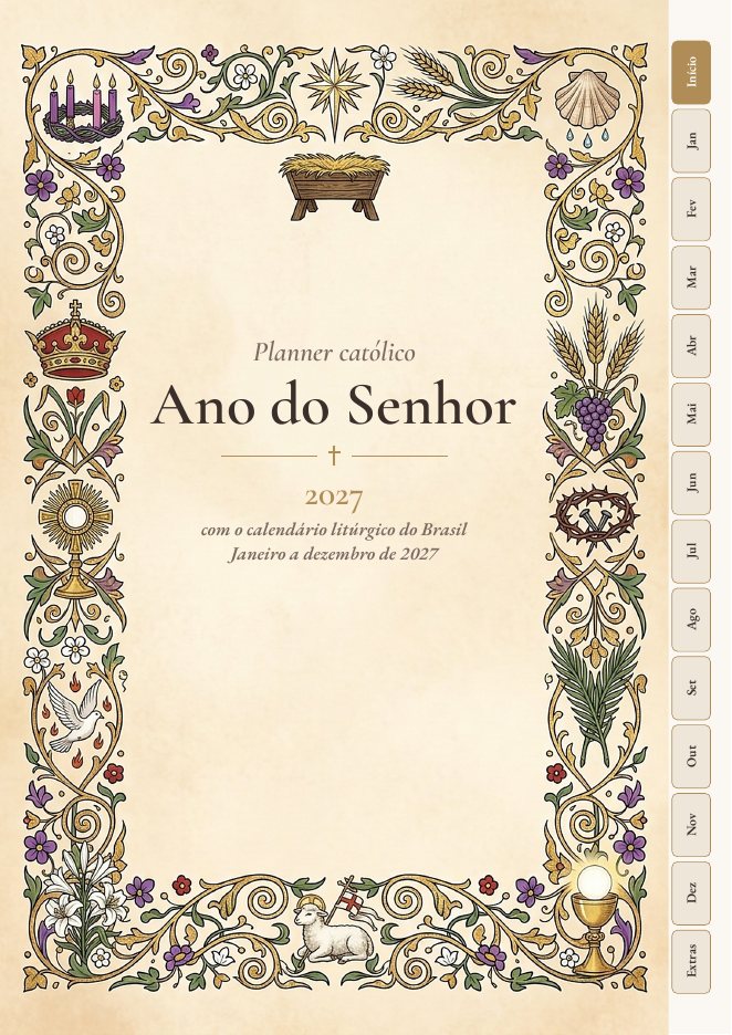 Capa do Planner Ano do Senhor 2027: moldura de iluminura com símbolos litúrgicos