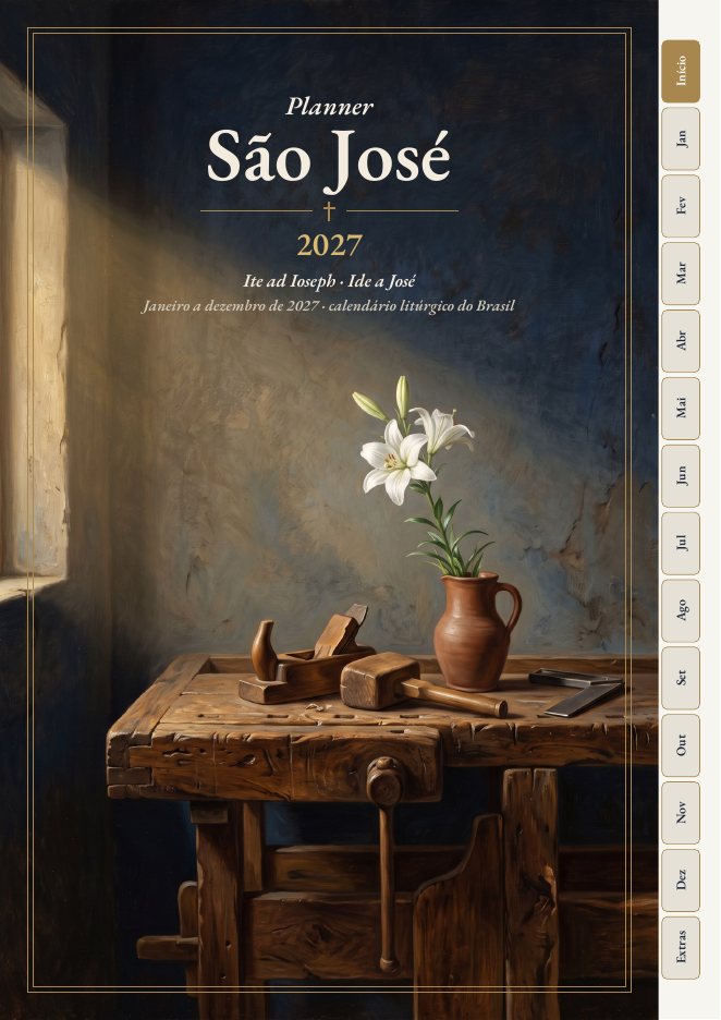 Capa do Planner São José 2027: bancada de carpinteiro com ferramentas e um lírio