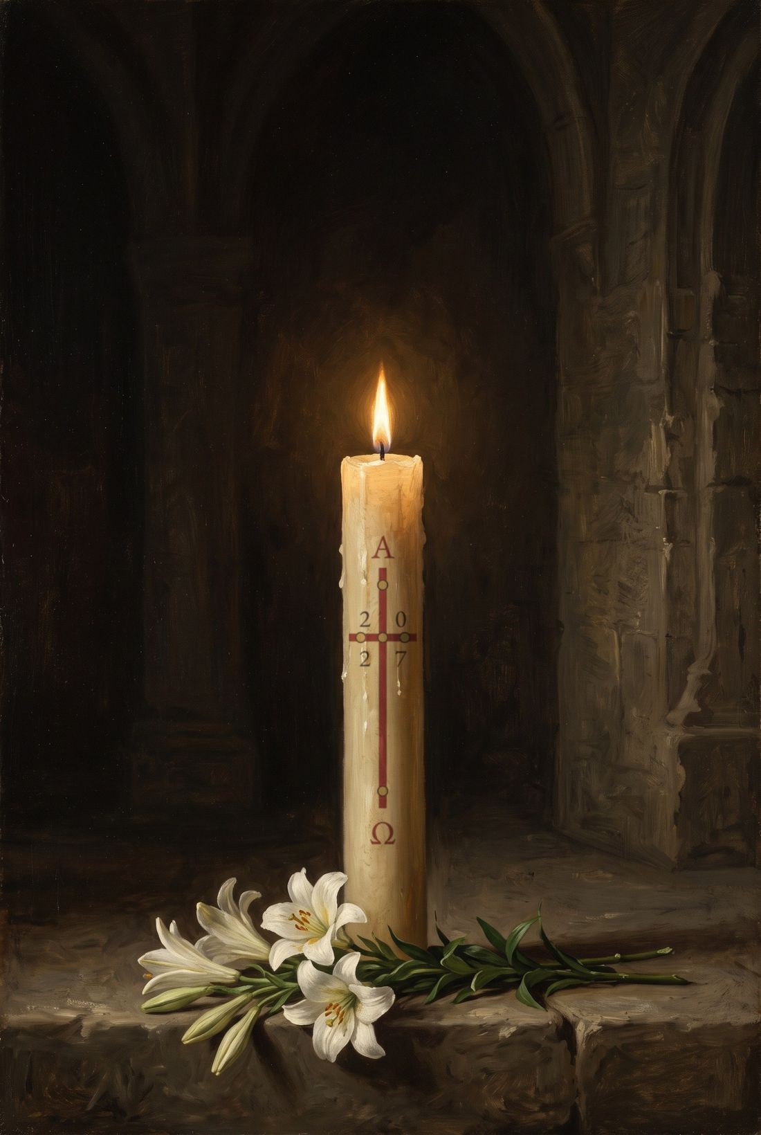 Círio pascal aceso, com a cruz, as letras Alfa e Ômega e o ano 2027 gravados, ao lado de lírios brancos, em pintura a óleo